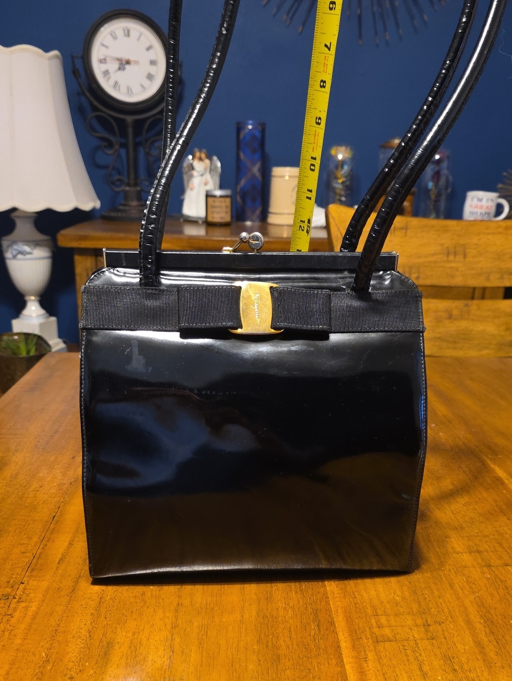 Vintage Salvatore Ferragamo Black Patent Leather Vara Bow Frame Handbag